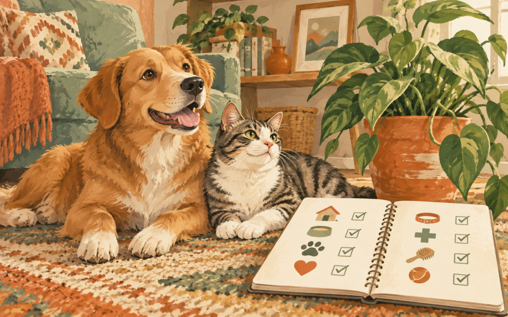 Ilustración generada con inteligencia artificial: Perro y gato junto a un formulario genérico de adopción.
