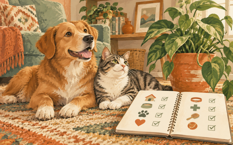 Ilustración generada con inteligencia artificial: Perro y gato junto a un formulario genérico de adopción.
