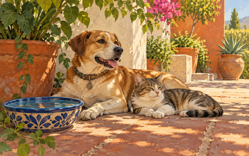 Ilustración generada con inteligencia artificial: Perro y gato descansan a la sombra junto a un recipiente de agua.
