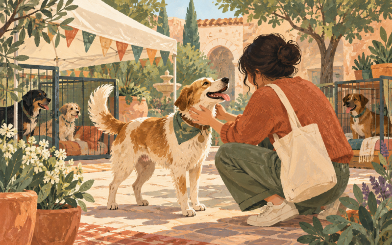 Ilustración generada con inteligencia artificial: Un perro conoce a una persona en una feria de adopción imaginaria.