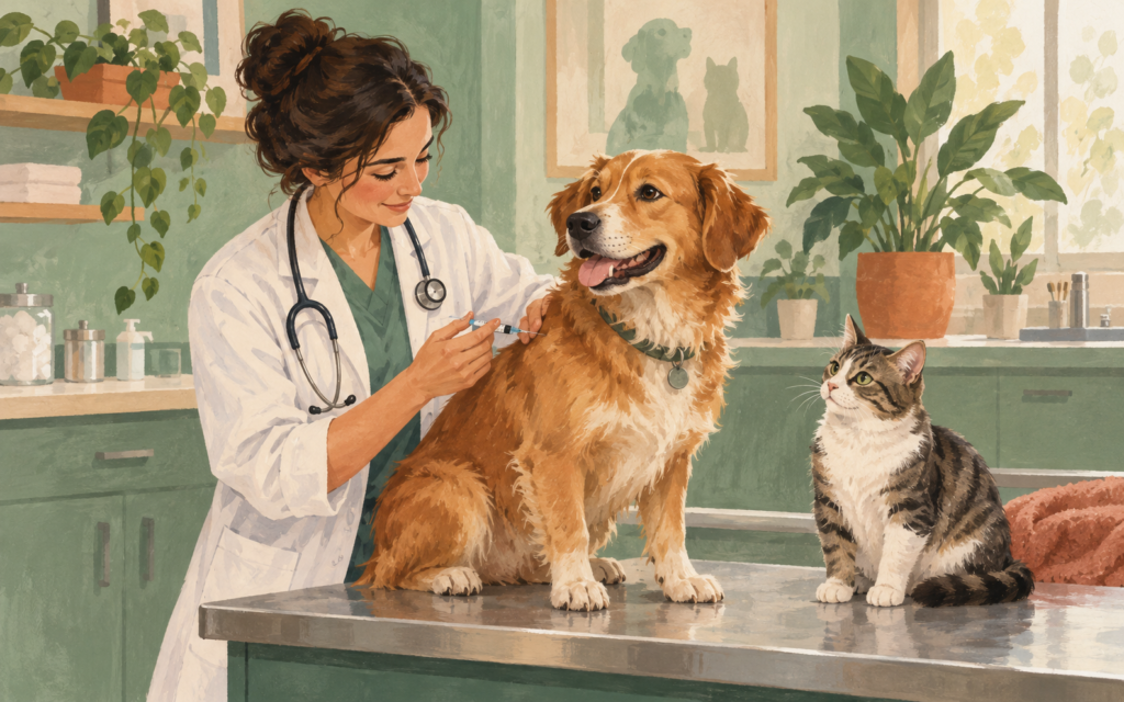 Ilustración generada con inteligencia artificial: Veterinaria prepara una vacuna para un perro, con un gato cerca.