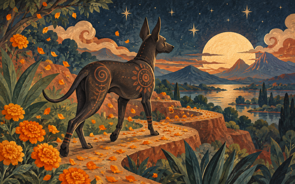 Ilustración conceptual de un perro sobre un sendero entre cempasúchiles y montañas. Generada con inteligencia artificial.