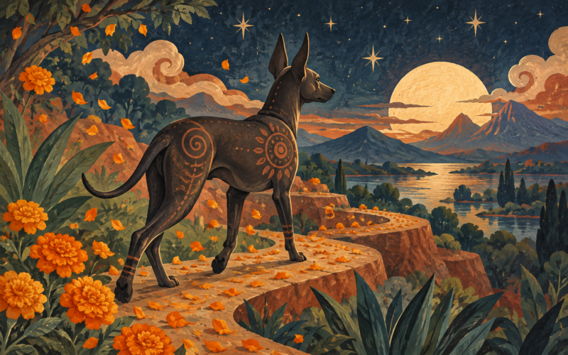 Ilustración conceptual de un perro sobre un sendero entre cempasúchiles y montañas. Generada con inteligencia artificial.