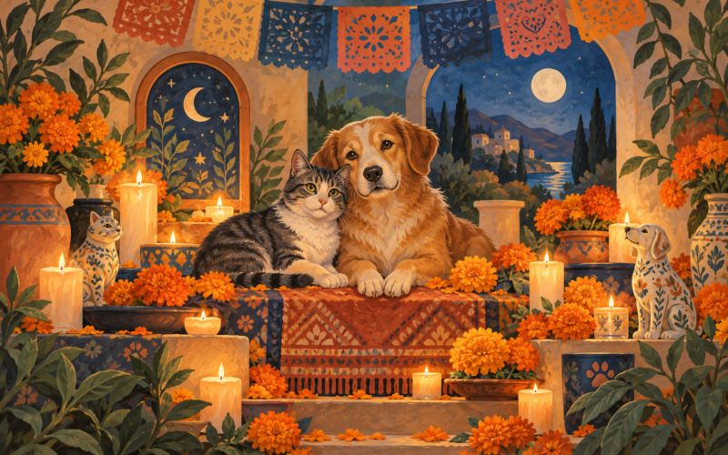 Ilustración conceptual de un perro y un gato rodeados de flores y velas en una ofrenda imaginaria. Generada con inteligencia artificial.