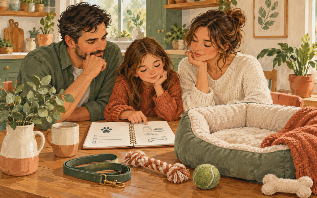Ilustración generada con inteligencia artificial: Familia considera los preparativos necesarios para adoptar a un perro.