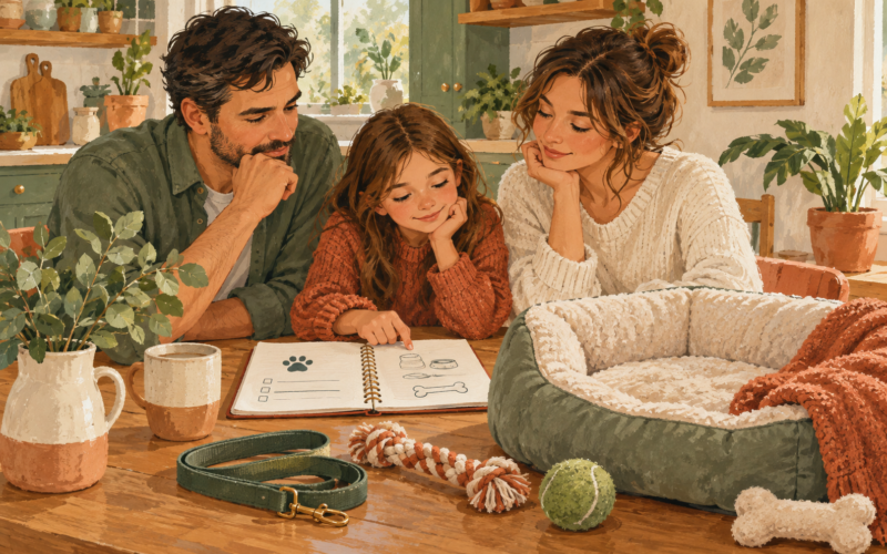 Ilustración generada con inteligencia artificial: Familia considera los preparativos necesarios para adoptar a un perro.