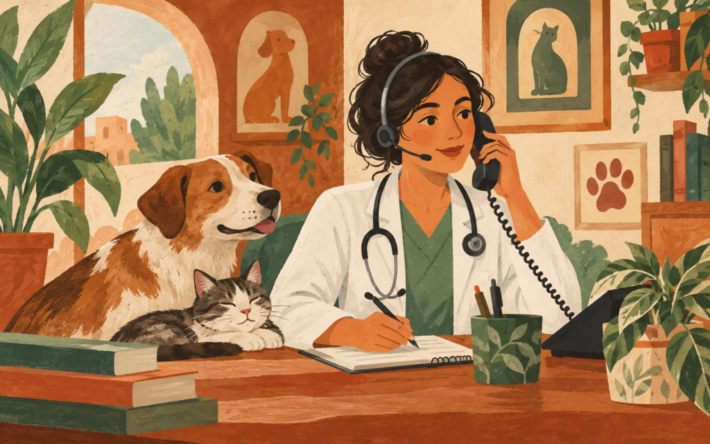 Ilustración generada con inteligencia artificial: Veterinaria con auriculares y teléfono, acompañada de un perro y un gato.