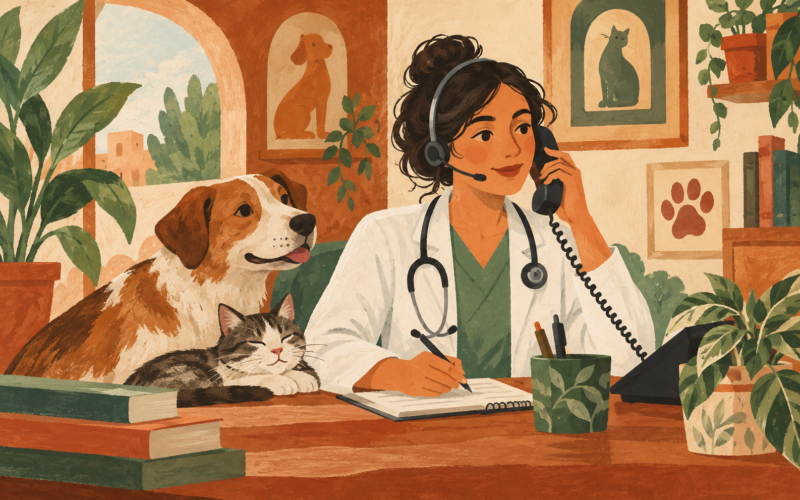 Ilustración generada con inteligencia artificial: Veterinaria con auriculares y teléfono, acompañada de un perro y un gato.