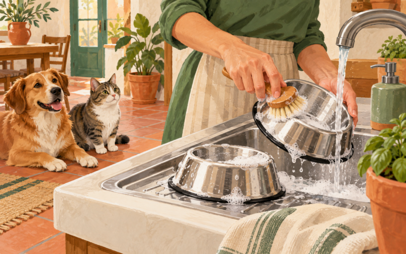 Ilustración generada con inteligencia artificial: una mano lava platos de animales mientras un perro y un gato observan.