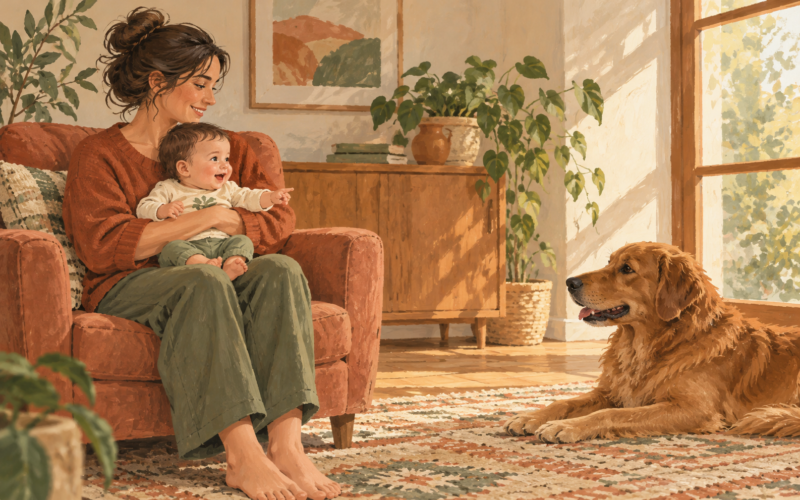 Ilustración generada con inteligencia artificial: una persona sostiene a un bebé despierto en brazos mientras supervisa a un perro que descansa a cierta distancia.
