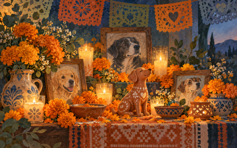 Ilustración conceptual de una ofrenda imaginaria con retratos de perros, flores y velas. Generada con inteligencia artificial.