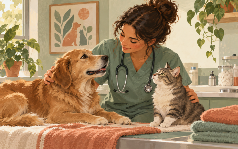Ilustración generada con inteligencia artificial: Profesional veterinaria atiende a un perro y un gato en un consultorio imaginario.