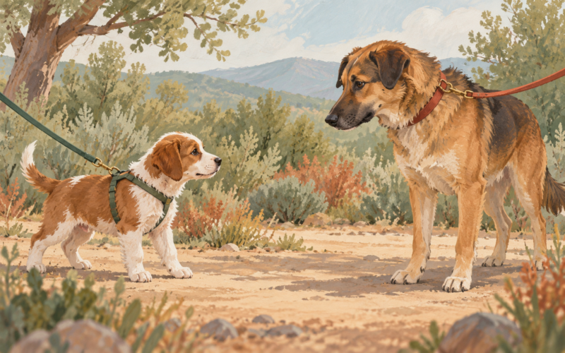 Ilustración generada con inteligencia artificial: un cachorro y un perro adulto se observan desde cierta distancia, sujetos con correas separadas.