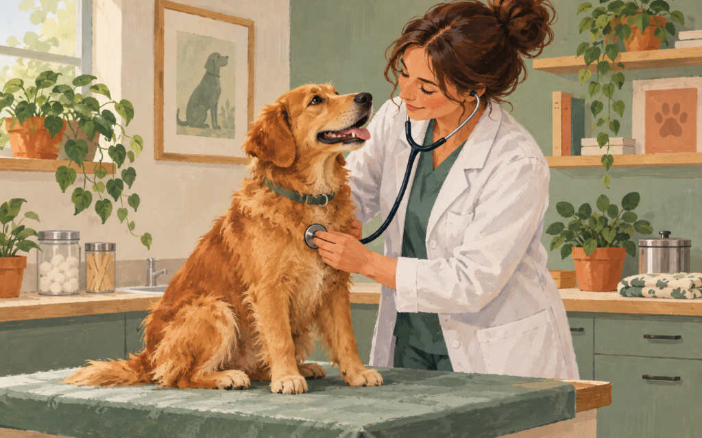 Ilustración generada con inteligencia artificial: Profesional veterinaria ausculta a un perro con estetoscopio.
