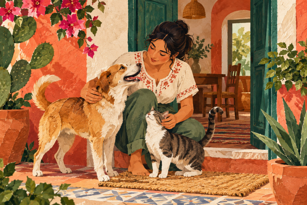 Ilustración generada con inteligencia artificial de una persona con un perro y un gato en un hogar.