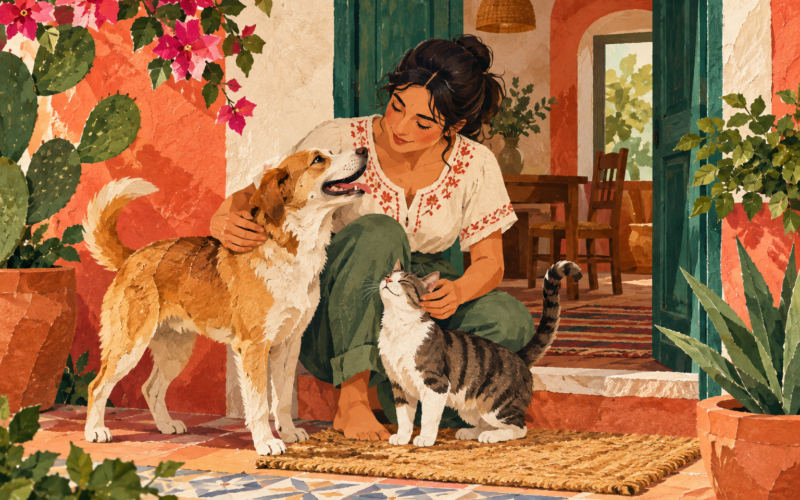 Ilustración generada con inteligencia artificial de una persona con un perro y un gato en un hogar.