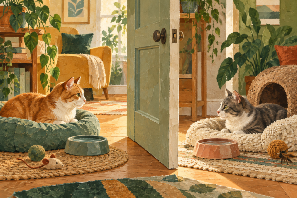 Ilustración generada con inteligencia artificial de dos gatos separados por una puerta en un hogar.