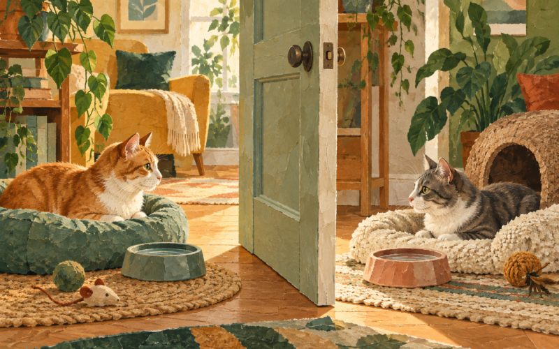 Ilustración generada con inteligencia artificial de dos gatos separados por una puerta en un hogar.