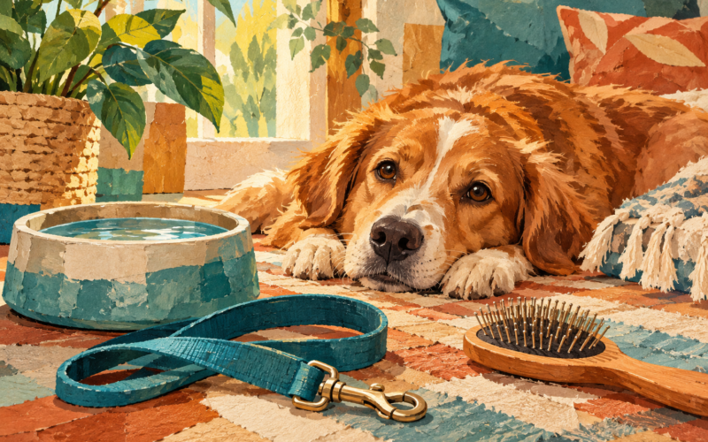 Ilustración generada con inteligencia artificial de un perro junto a un tazón de agua, una correa y un cepillo.