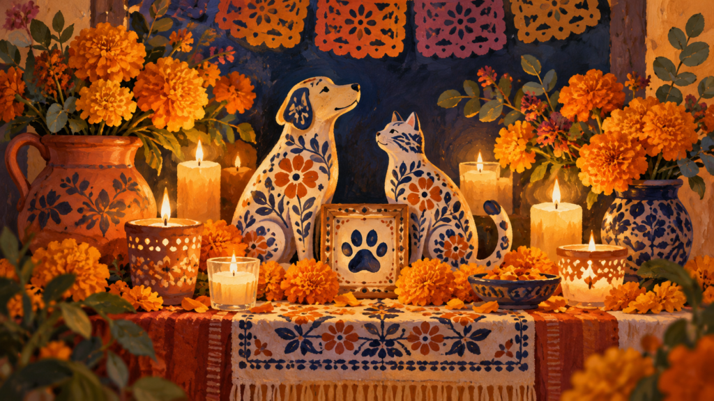Ilustración generada con inteligencia artificial: ofrenda simbólica con flores de cempasúchil, velas y figuras de un perro y un gato.