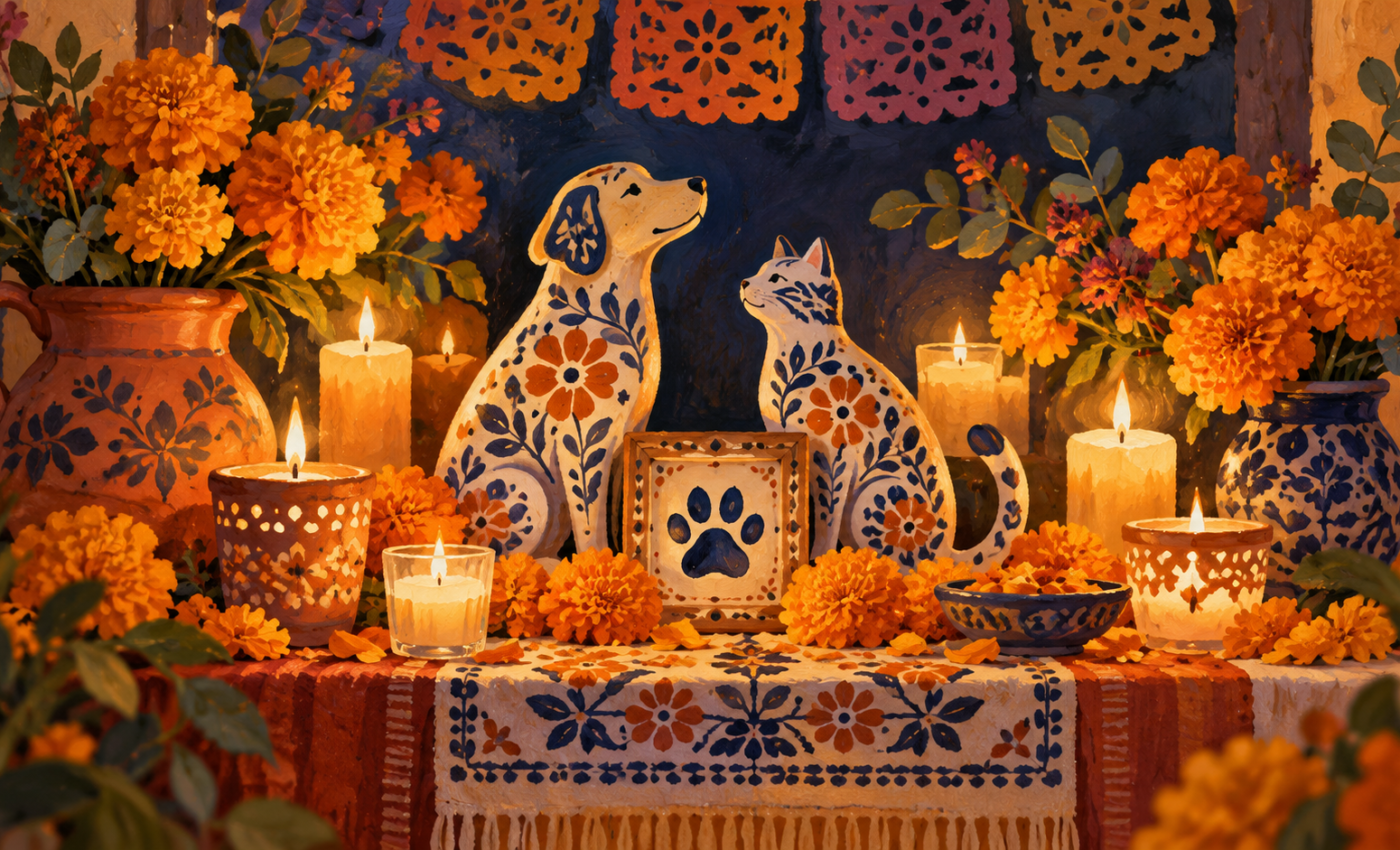 Ilustración generada con inteligencia artificial: ofrenda simbólica con flores de cempasúchil, velas y figuras de un perro y un gato.