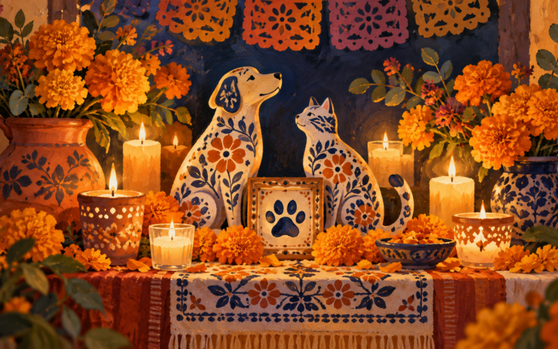Ilustración generada con inteligencia artificial: ofrenda simbólica con flores de cempasúchil, velas y figuras de un perro y un gato.
