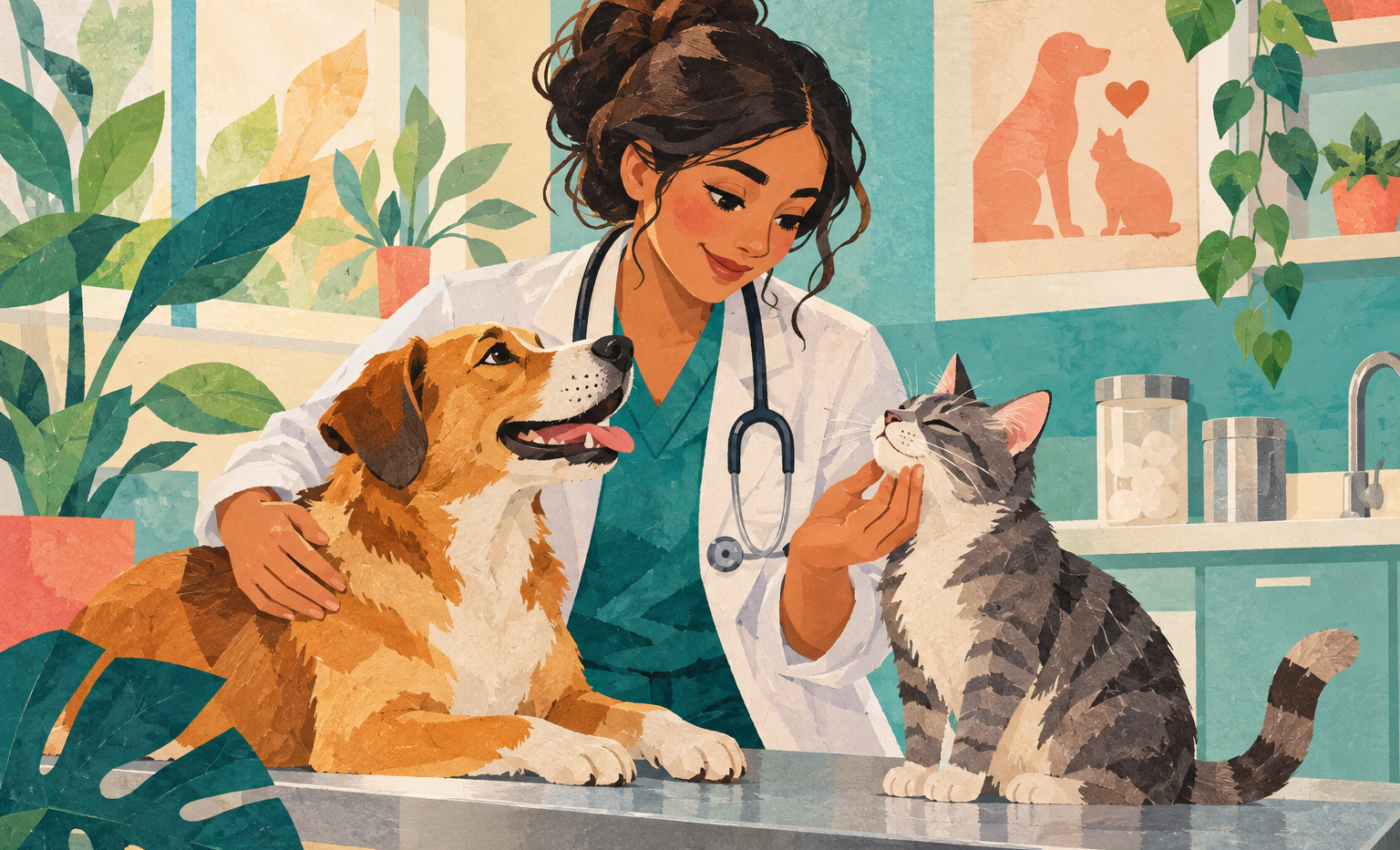 Ilustración generada con inteligencia artificial de una veterinaria con un perro y un gato.