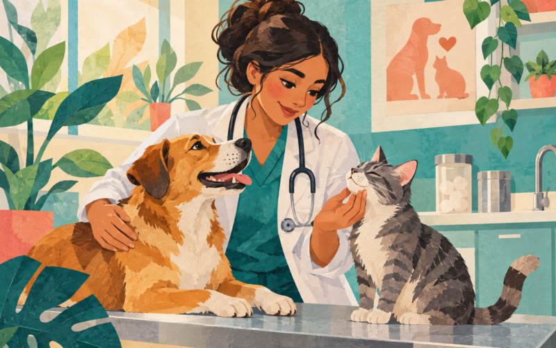 Ilustración generada con inteligencia artificial de una veterinaria con un perro y un gato.
