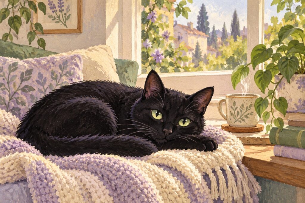 Ilustración de un gato negro que descansa sobre una manta junto a una ventana.