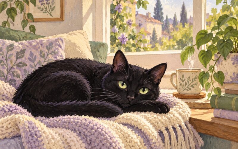 Ilustración de un gato negro que descansa sobre una manta junto a una ventana.
